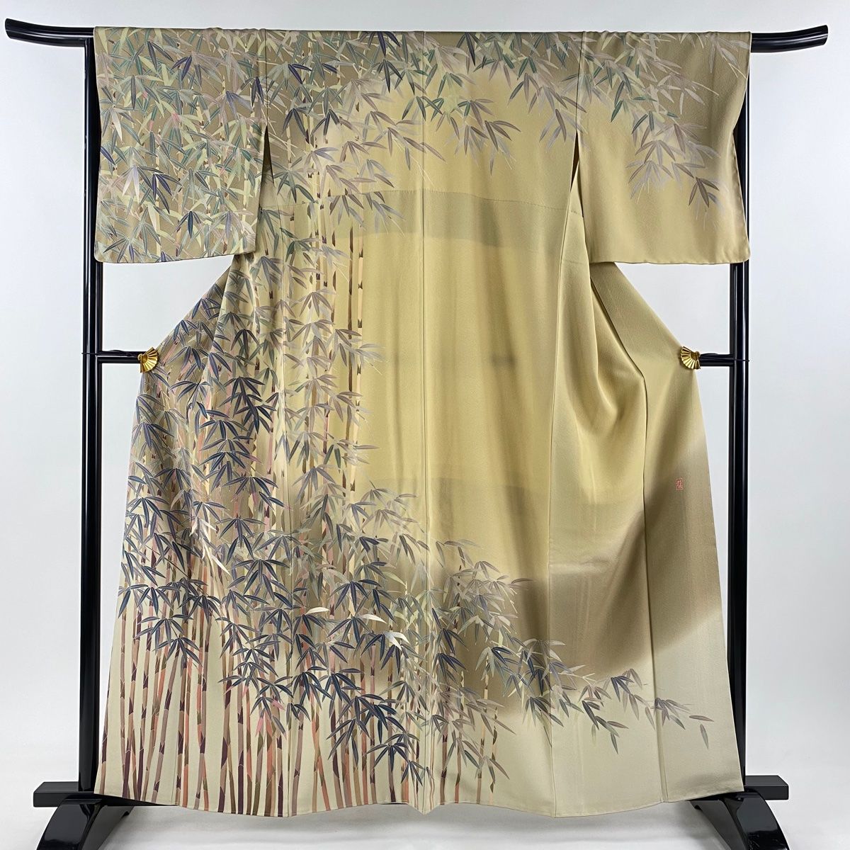 訪問着 身丈160cm 裄丈66.5cm M 袷 田村哲彦 加賀友禅 落款 竹林 抹茶色 正絹