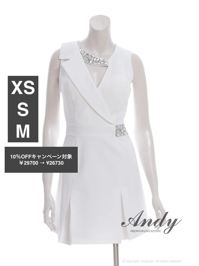 ホワイト AN-OK2998 XSサイズあり ANDY|アンディ 襟付き| アシンメトリー| バストカットアウト| ビジュー| ノースリーブ| ボックスプリーツ| Aライン| フ | ワンピース| ミニドレス| キャバドレス
