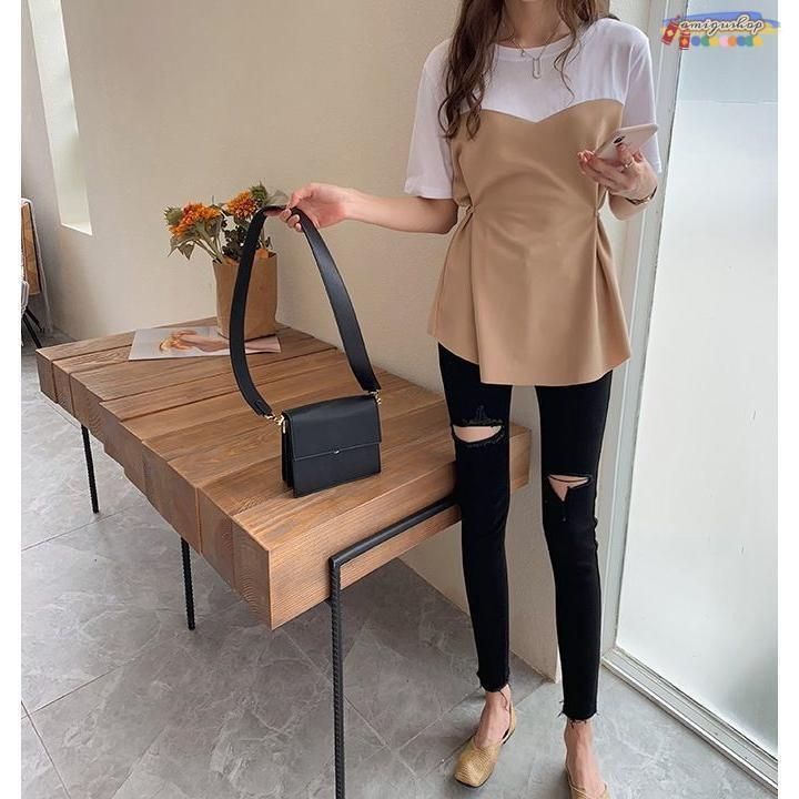 カットソー 半袖 ビスチェ風 レディース バイカラー ツートンカラー ラウンドネック プルオーバー ドッキング トップス 女性 婦人 M L XL 2 カットソー 半袖 ビスチェ風 レディース バイカラー ツートン