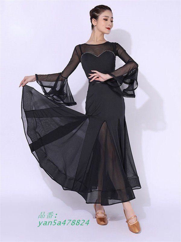 社交ダンスドレス 社交ダンス モダンドレス 大きいサイズ 長袖 大きい裾 ワルツ ドレス yan5a478824