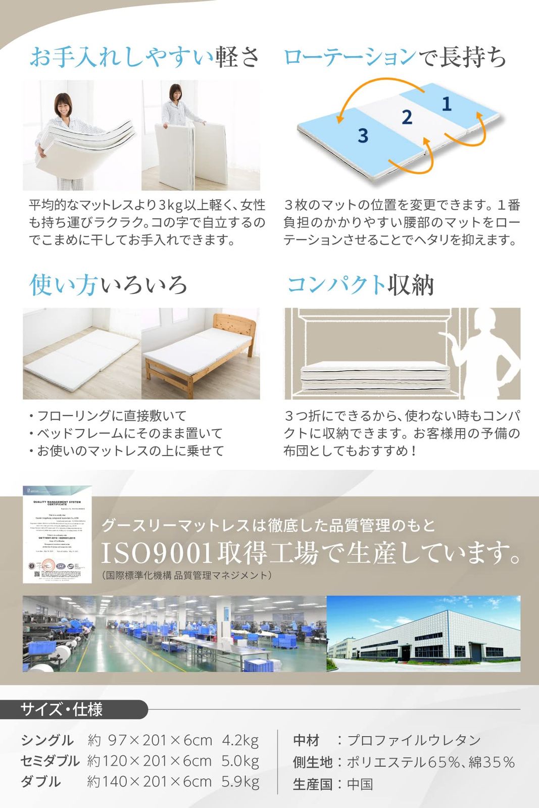 人気商品】グースリー マットレス 3つ折り マットレス ベッド 高反発