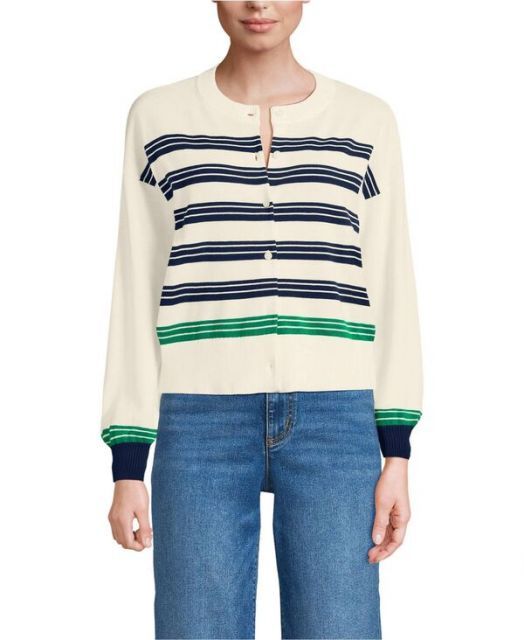 送料無料 ランズエンド レディース ニット セーター アウター Women s Cropped Fine Gauge Crew Neck Cardigan Sweater Fresh ivory|navy founders