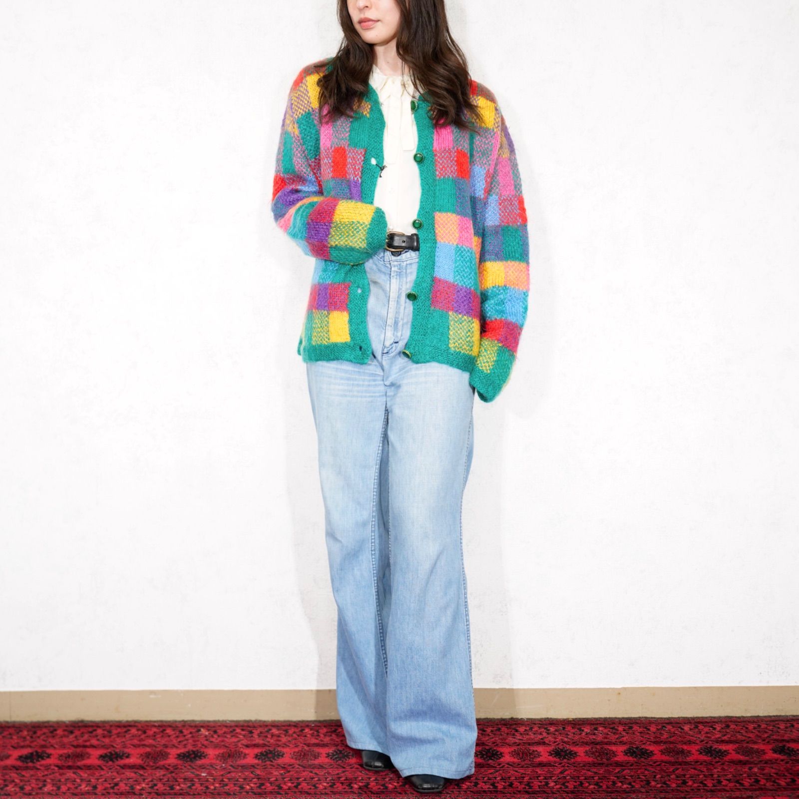  USA VINTAGE COLORFUL CHECK PATTERNED MOHAIR KNIT CARDIGAN アメリカ古着カラフルチェック柄デザインモヘアニットカーディガン 長袖 カーディガン ボレロ アンサンブル