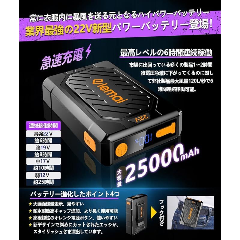 elemai] NEWモデル ファン付き作業服 25000mAh 超高出力22V ファン