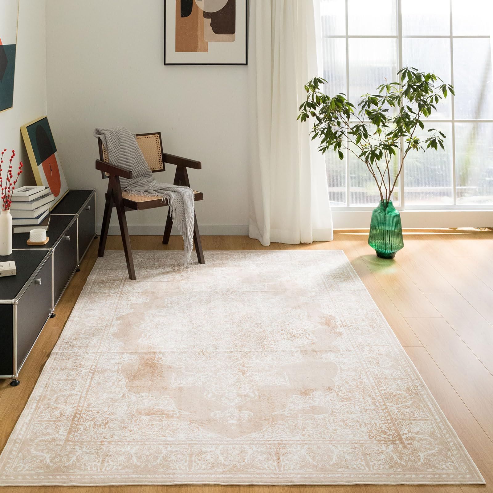04ベージュ_160X230cm ラグ 約3畳 u-living カーペット 3畳 ペルシャ 絨毯風 ラグ マット 160X230CM 洗える 花柄 オールシーズン 軽量 滑り止め 防ダニ 防臭 ベージュ 床暖房対応