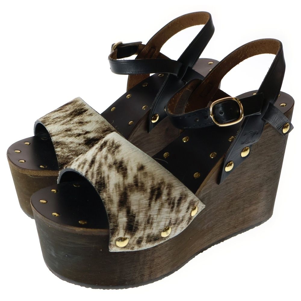 CELINE セリーヌ Les Bois Leather Wedge Sandal ハラコウェッジソールサンダル ブラック ホワイト BF1119