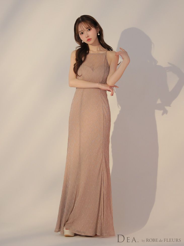 DEA. by ROBE de FLEURS ディアバイローブドフルール ロングドレス DE3383 ラメニットストレッチキャミロングキャバドレス Pink Beige