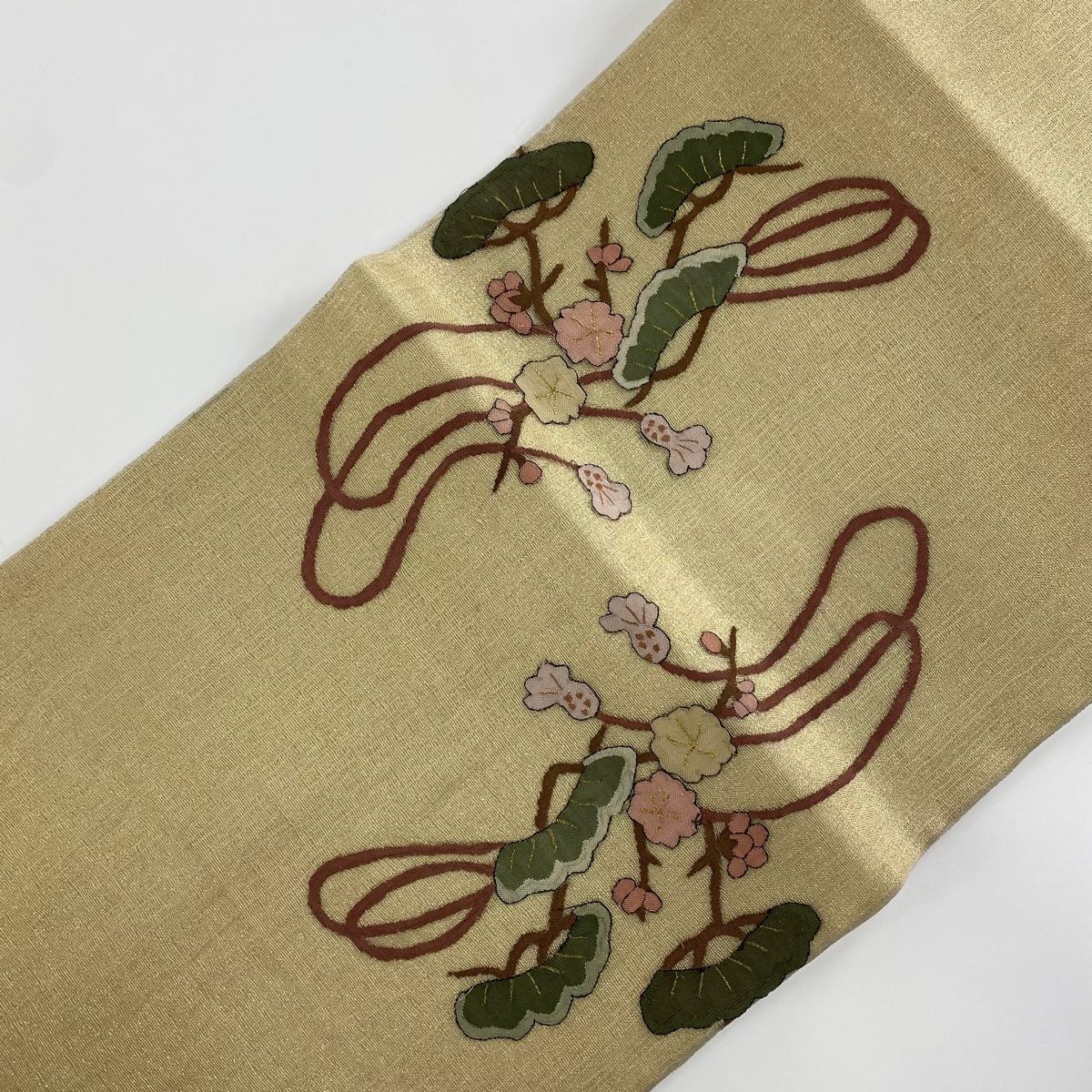 夏帯 袋帯 お太鼓柄 松 袋帯 逸品 夏帯 桧扇 松 金糸 綴れ 金色 お太鼓柄 正絹 【中古