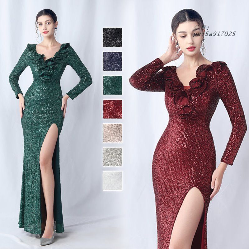 ドレス マーメイドドレス パーティードレス 長袖 袖あり キラキラ ウェディングドレス 二次会 ウエディングドレス結婚式 発表会 イブニングドレス pai5a917025
