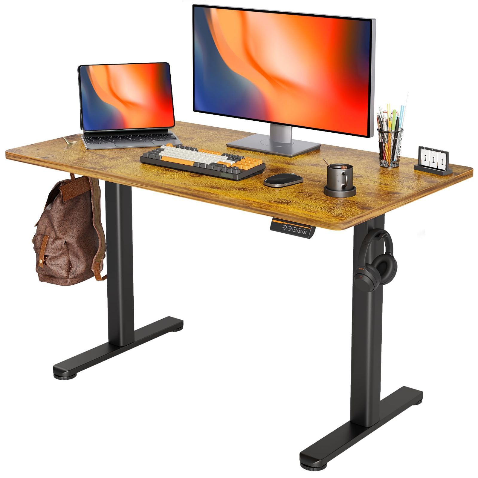 Claiks 昇降デスク 初心者向け スタンディングデスク 電動 パソコンデスク 昇降式 オフィスデスク 幅120cm*奥行き60cm ブラックフレーム|ブラウン天板