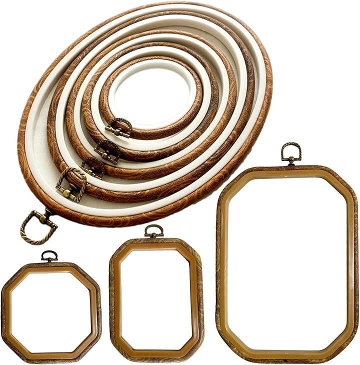 moonfarm そのまま飾れる 刺繍枠 アンティーク風 八角 楕円 手芸用 刺繍フープ 刺しゅう リング フレーム(茶・楕円八角全セット)