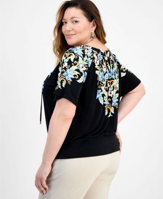 売れ筋商品|||カスパー カットソー トップス レディース Plus Size Split-Neck Floral-Print Top Black/cerise Multi 楽天市場】Kaspar（レディースファッション）の通販