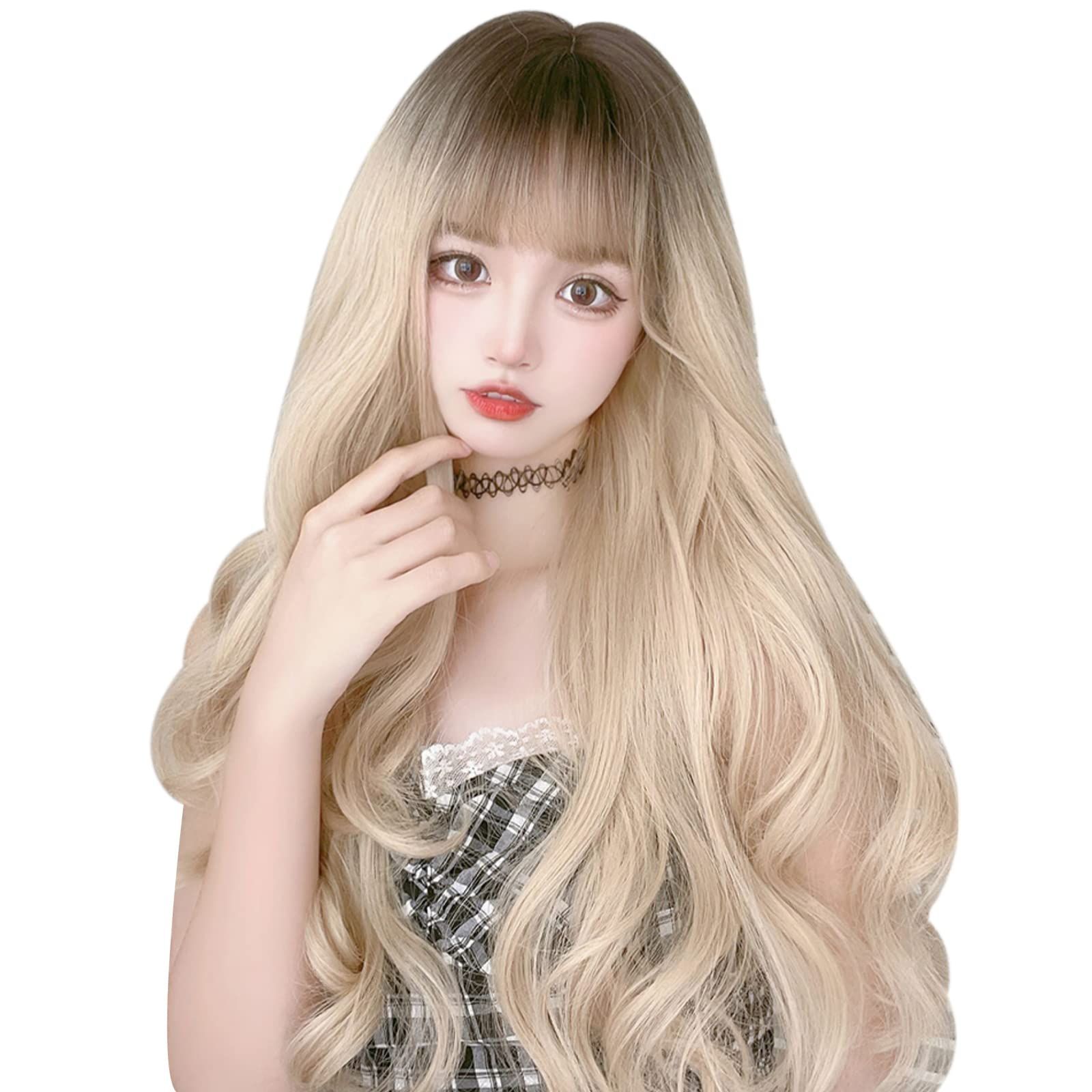 特価　ネット/櫛付き 耐熱 可愛い 人気 ツートン 小顔 ロリータ コスプレ 日常 ファッション ぱっつん カツラ 原宿系 ほつれカール グラデーション wig レディーズ プラチナブロンド インナー