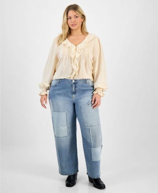 送料無料 アンドノウディス レディース デニムパンツ ボトムス Trendy Plus Size Patchwork High Rise Wide Leg Jeans Med Blue