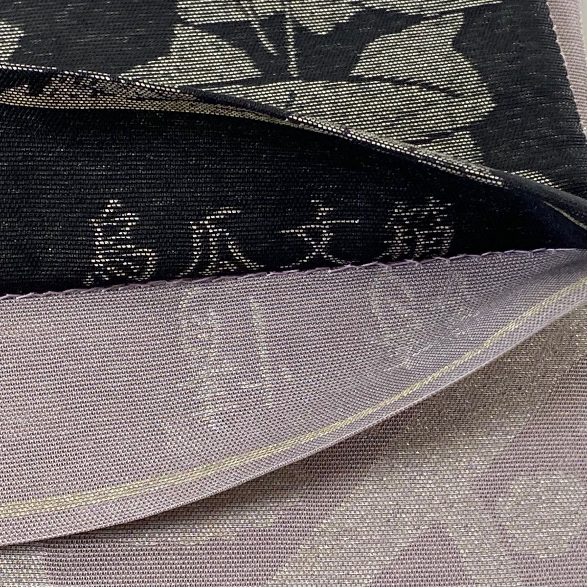 袋帯 逸品 となみ織物 落款 烏瓜文箱 箔 墨色 全通 正絹 【中古