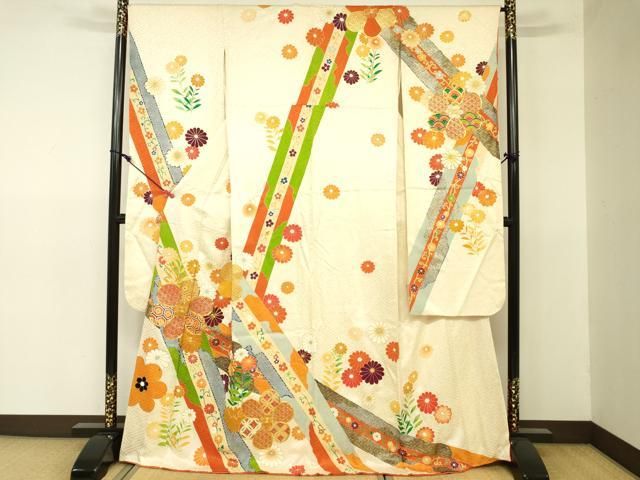 Ivy✺美品 正絹 花草文 トールサイズ 振袖 着物 A1755 平和屋着物□豪華振袖 駒刺繍 草花文 金彩 正絹 逸品 DAAT8877zy