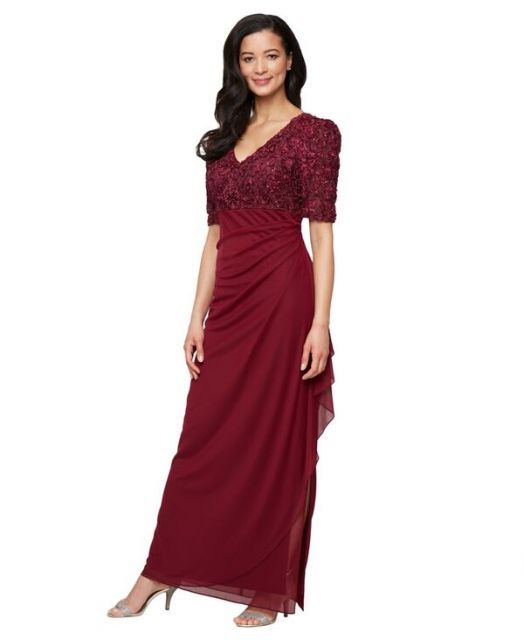 送料無料 アレックスイブニングス レディース ワンピース トップス Women s Embellished Puff-Sleeve A-Line Dress WINE