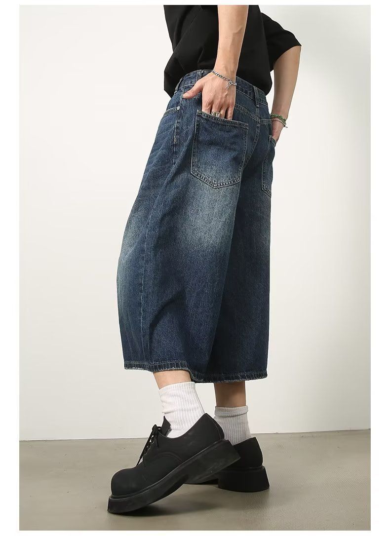 ASTT ウォッシュ加工 ヴィンテージ風 7分丈ワイドデニム ショートパンツ ASTT ウォッシュ加工 ヴィンテージ風 7分丈ワイドデニム