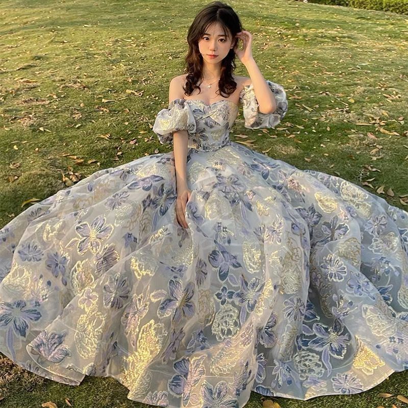 ?♥ カラードレス 編み上げ ブルー ベルスリーブ ロングドレス 結婚式 二次会 発表会 演奏会 ウェディングドレス ウエディング