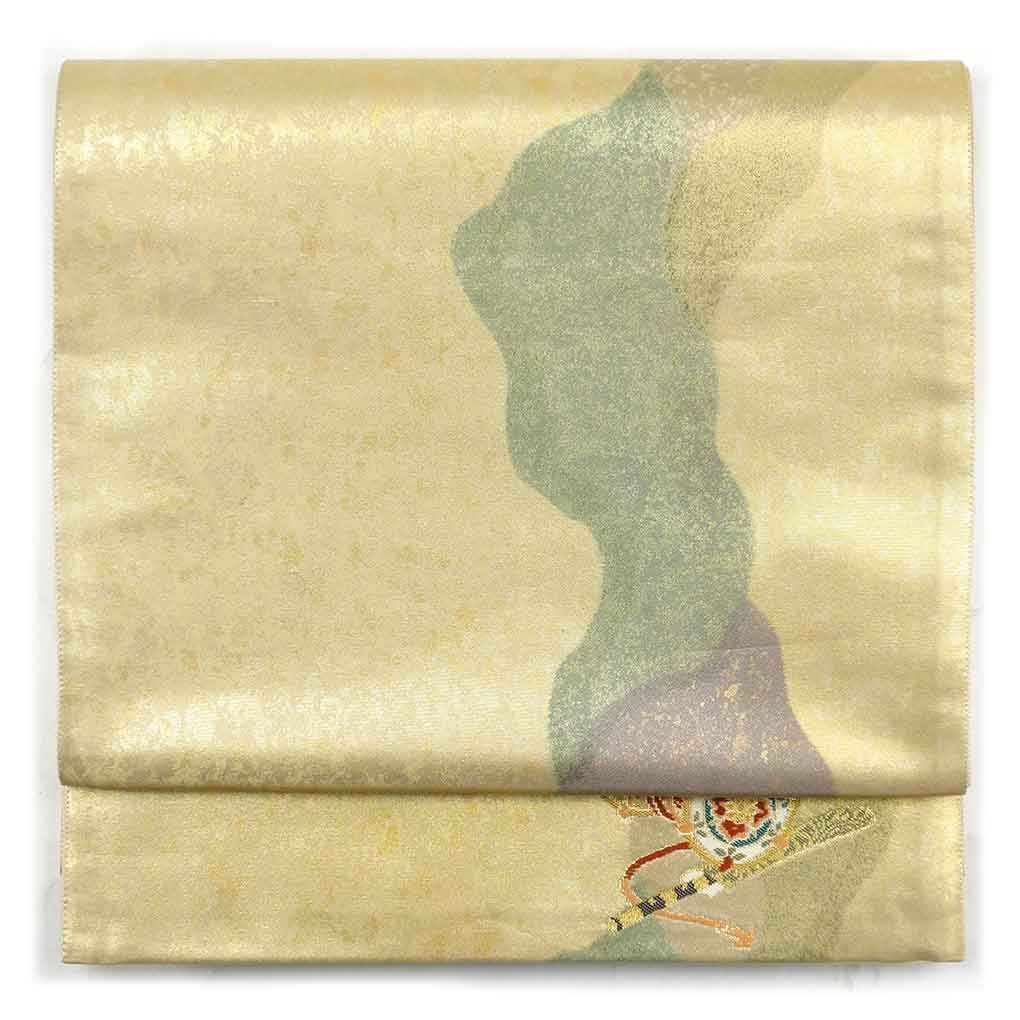 袋帯 幅31cm 長さ440cm レディース 鼓柄 秋冬春用 正絹 シルク ゴールド リメイク リユース リサイクル 呉服のきくや