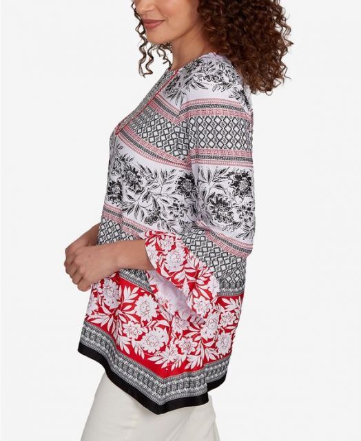 売れ筋商品|||ルビーロード カットソー トップス レディース Petite Tropical Motif Stripe Puff Print Knit Top Black Multi 送料無料】 ルビーアールディー レディース シャツ トップス