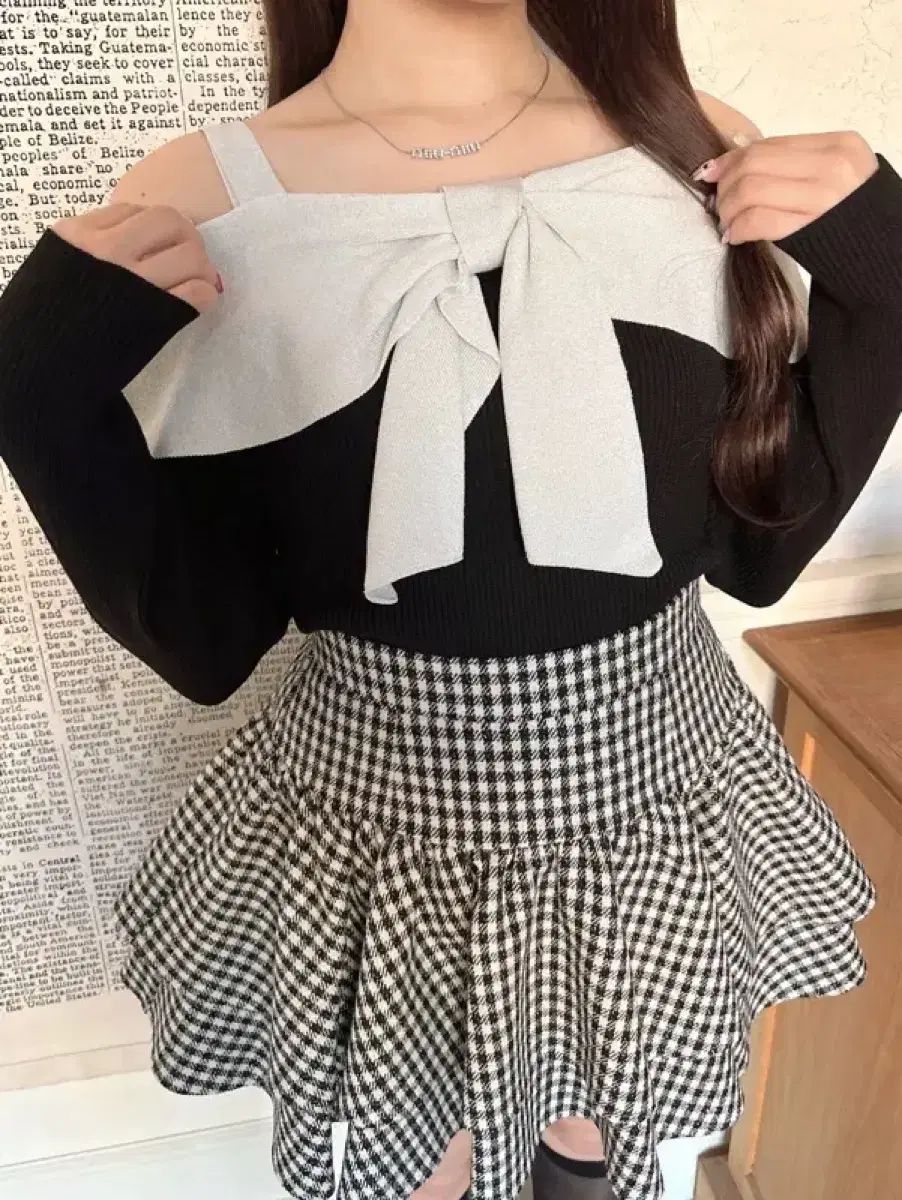 Evelyn EBLIN リボン オフショルダー ニット 黒 トップス