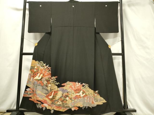D79 夏着物　黒留袖　落款　幹雄　華文　唐草　銀駒刺繍　絽　正絹　極美品 D79 夏着物 黒留袖 落款 幹雄 華文 唐草 銀駒刺繍 絽 正絹 極美
