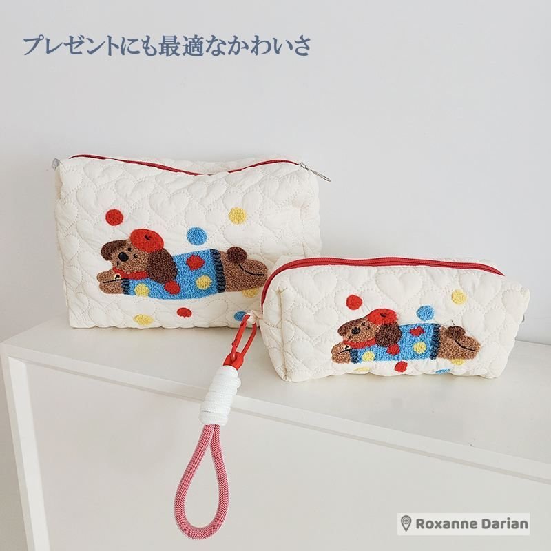 ポーチ ペンケース ストラップ付き 平成 犬 刺しゅう 手作り感 レトロ 