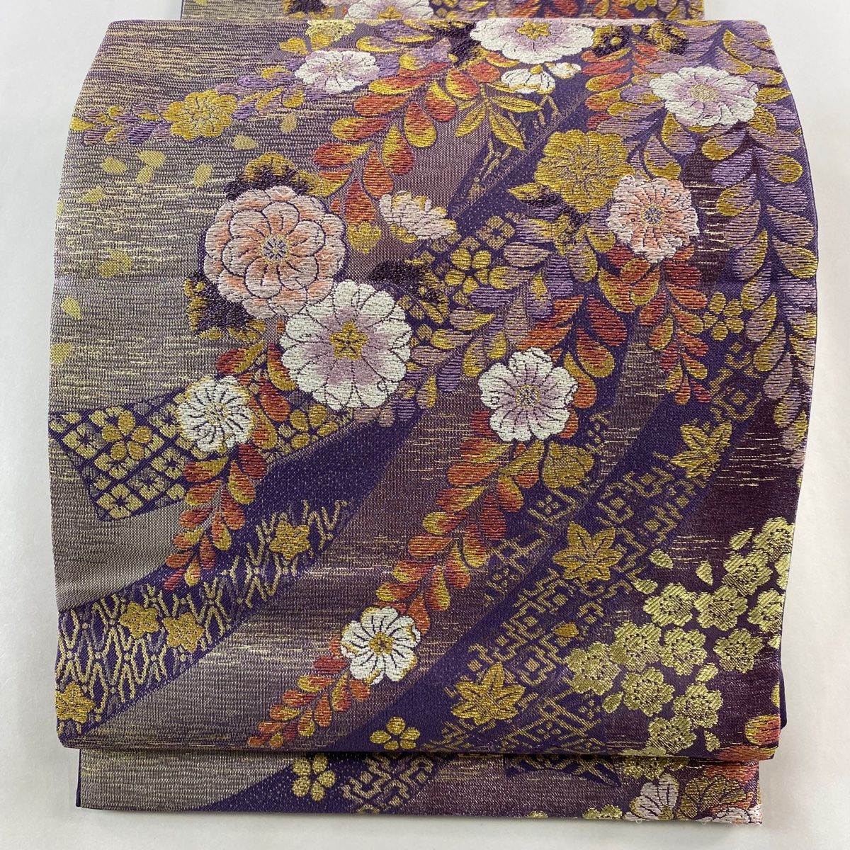 袋帯 美品 秀品 やまと 桜 熨斗 金糸 箔 紫 六通 正絹 【中古