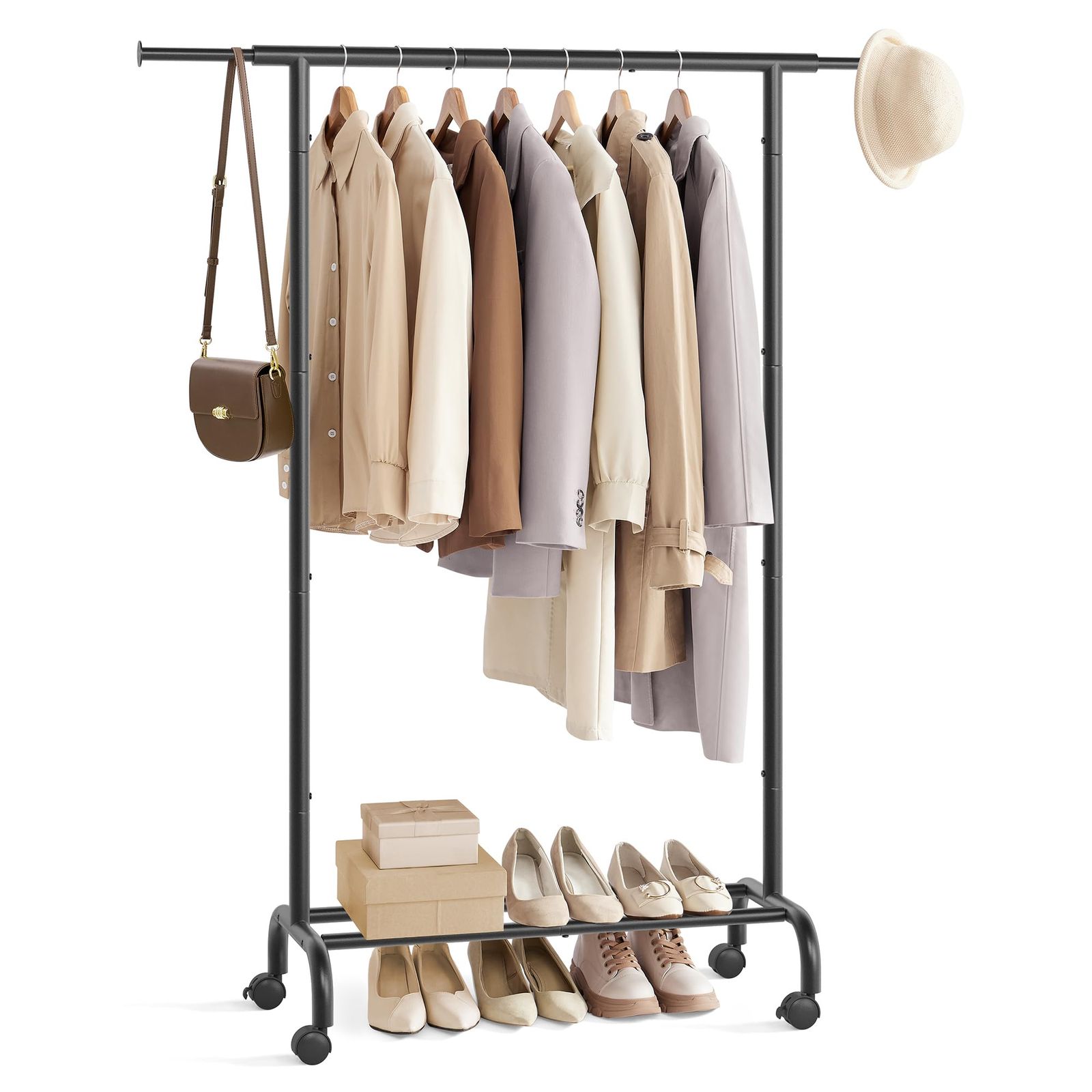 【数量限定】SONGMICS ハンガーラック 伸縮式衣装ラック 頑丈 洋服掛け 幅84~120cm スリム 室内物干し 衣類収納 安定性 キャスター付き移動しやすい ちょうどいいサイズ ブラック HSR134B01