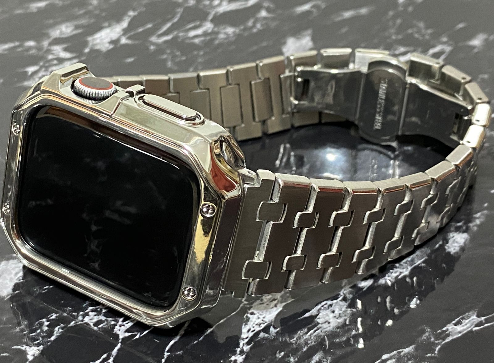 シルバー 鏡面ステンレス＆TPU アップルウォッチ ラバーベルト
