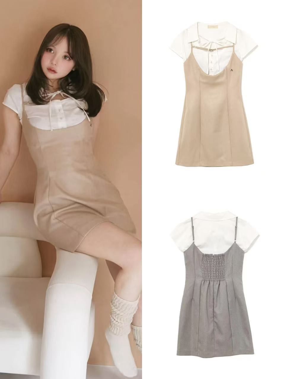 andmary Betty layered dress beige アンドマリー レディース ワンピース 2色選択 グレー カーキ色 2点セット