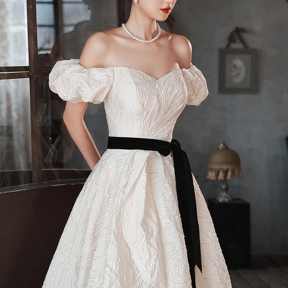 ウェディングドレス ウエディングドレス パフスリーブ オフショルダー 2way ブライダル ロングドレス 花嫁 プリンセスドレス プリンセスライン 半袖 二次会 結婚式