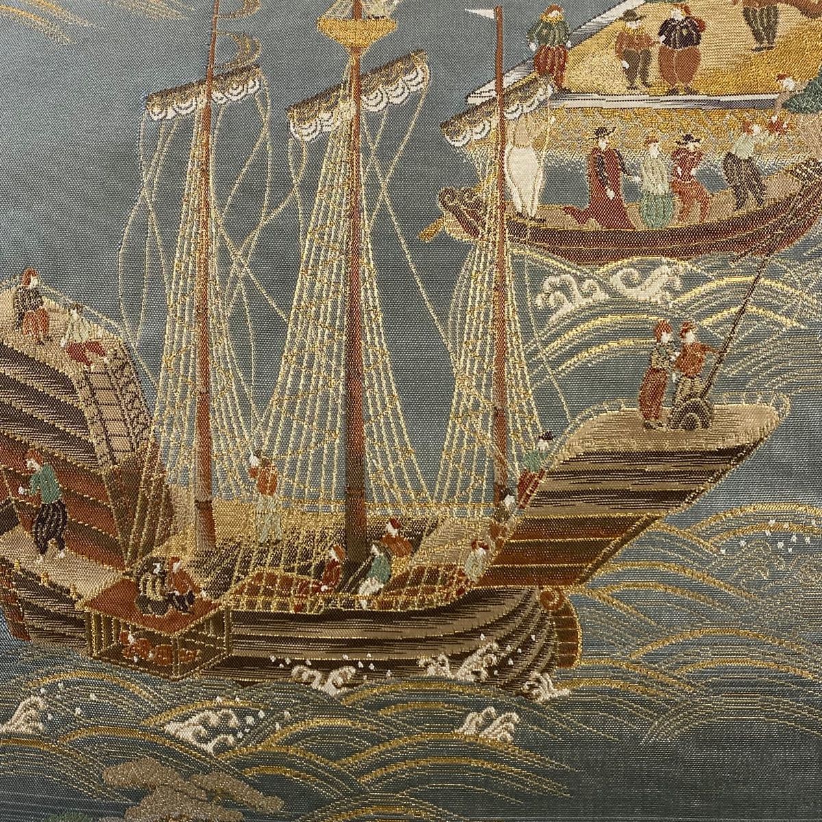 袋帯 秀品 南蛮船 人物 金糸 箔 灰緑 お太鼓柄 正絹