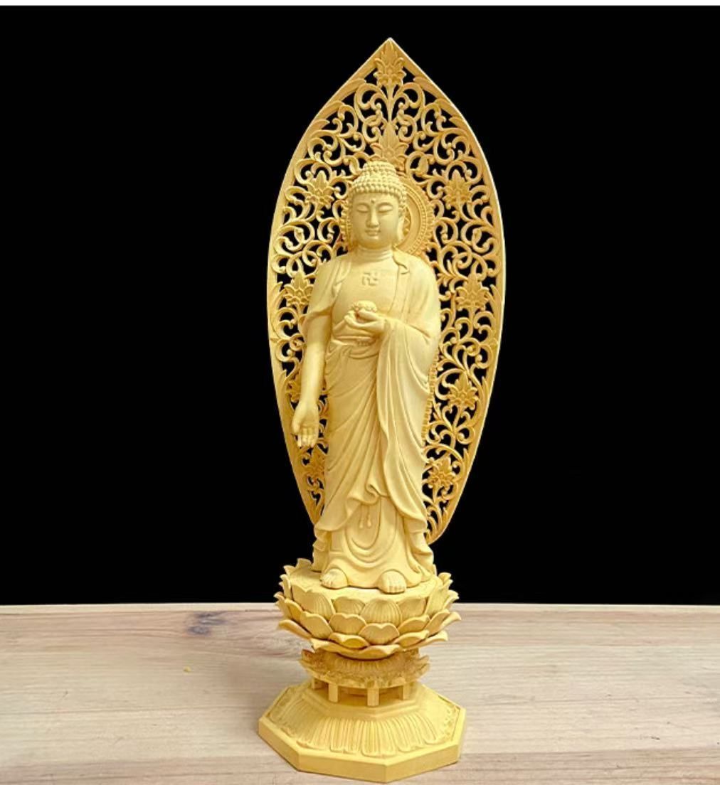 木彫り 仏像 阿弥陀如来立像 阿弥陀仏 彫刻 仏教工芸品 柘植材 ベスト