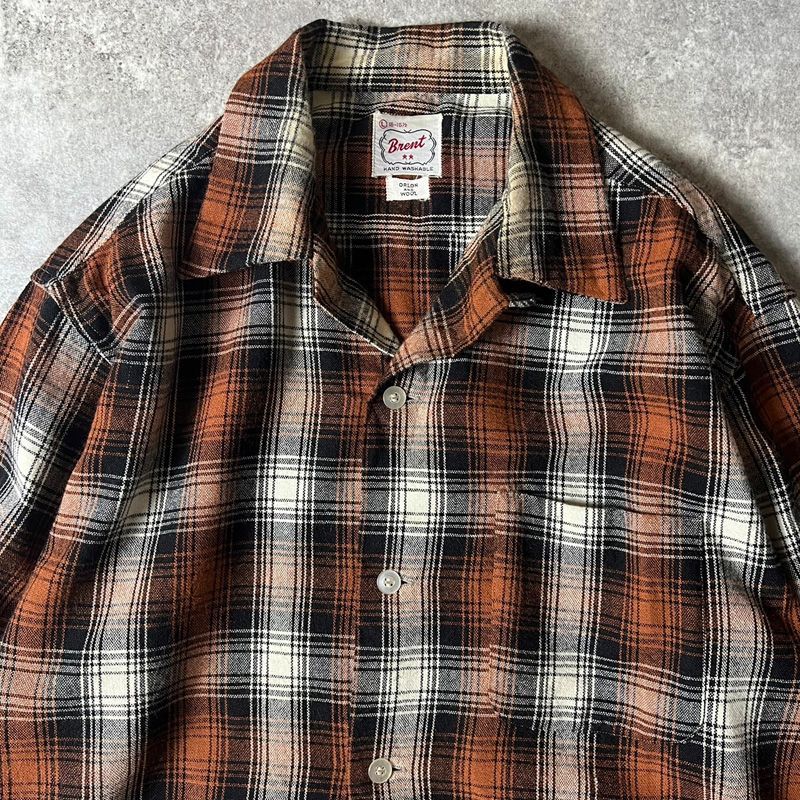 50s 60s Brent チェック ウール 長袖 オープンカラー シャツ L / 50 