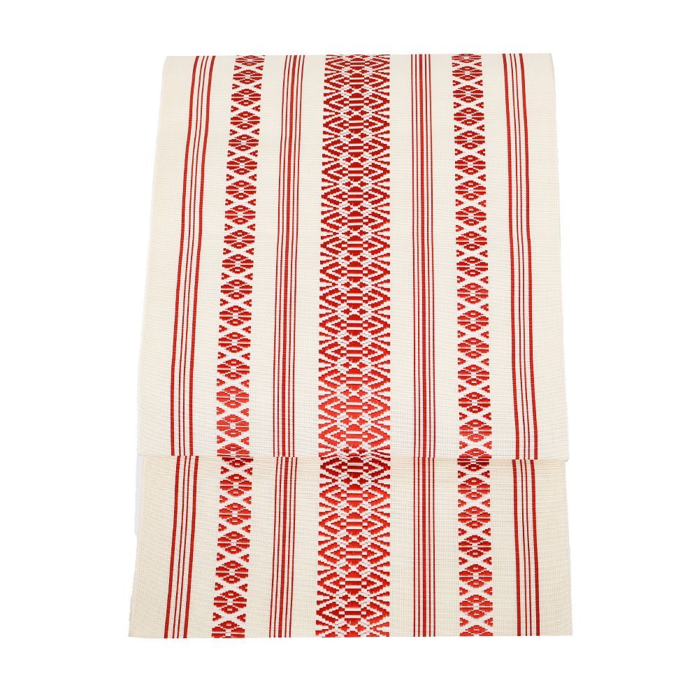 本場筑前博多織 紗 八寸名古屋帯 正絹 クリーム 赤 献上 全通 S