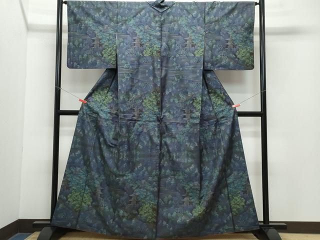 平和屋着物□極上 結城紬 草木染 ゆふの木染 平織 格子 縞屋謹製 証紙