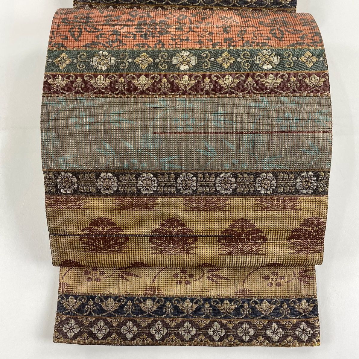 袋帯 秀品 草木染倭紙 古錦文竜 草花 縞 金銀糸 薄茶色 六通 正絹