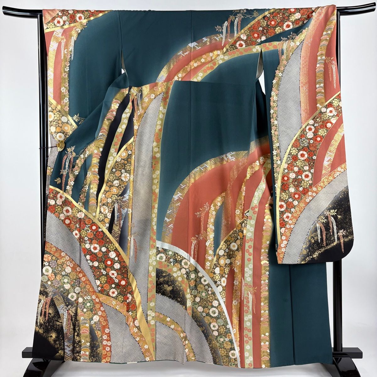 振袖 身丈161cm 裄丈66.5cm M 袷 菊 松竹梅 金銀彩 青緑 正絹 秀品
