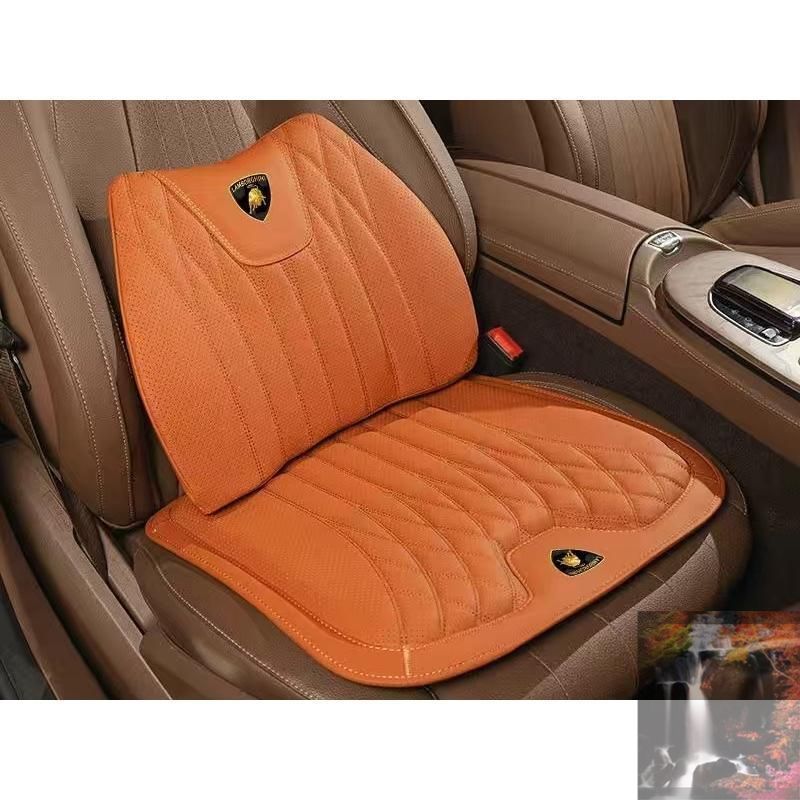 【美品?新品未使用】 ◆ランボルギーニ Lamborghini◆オレンジ◆シートクッション 車用 シートカバー ナッパ レザー 腰当て 滑り止め 弾性 座布団1点+腰クッション1点 CCYKDQ015