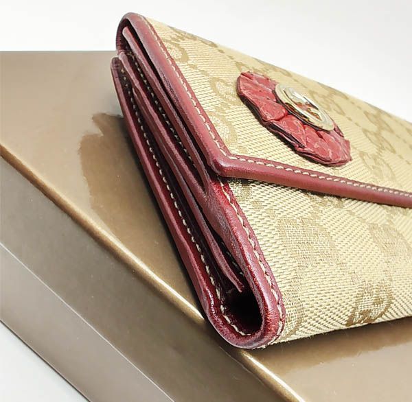 GUCCI 二つ折り財布 レッド/ベージュ グッチ Wホック二つ折り長財布 GGキャンバス ベージュ/レッド