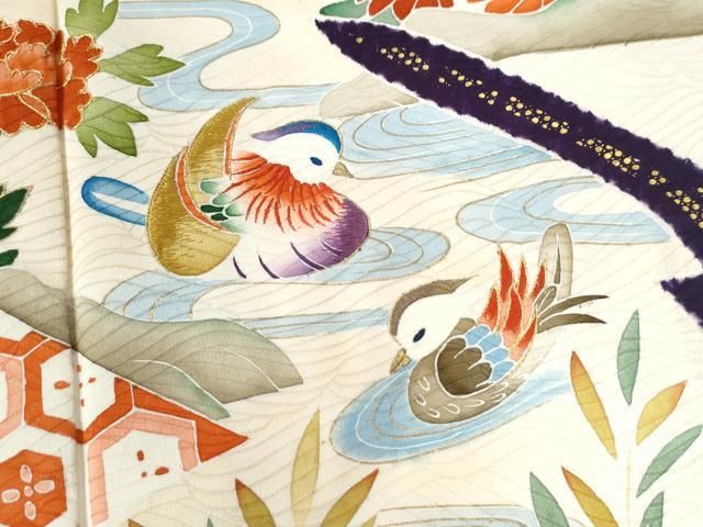 千總 ちそう セミアン 扇に花模様 青×白 金彩 金駒刺繍 袷 正絹 振袖 着物 千總 ちそう セミアン 扇に花模様 青×白 金彩 金駒刺繍