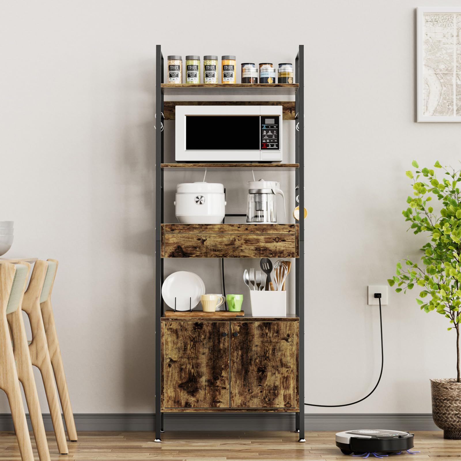 幅60×奥行36×高さ162.5cm 6段式 レンジラック レンジボード 扉付き食器棚 ベイカーラック カウンターキッチン レンジ台 キッチン収納 大型レンジ対応 キッチンワゴンスリム 一人暮らし スライド棚 高さ調整可動棚 キッチンラック 引き出し付き 3口