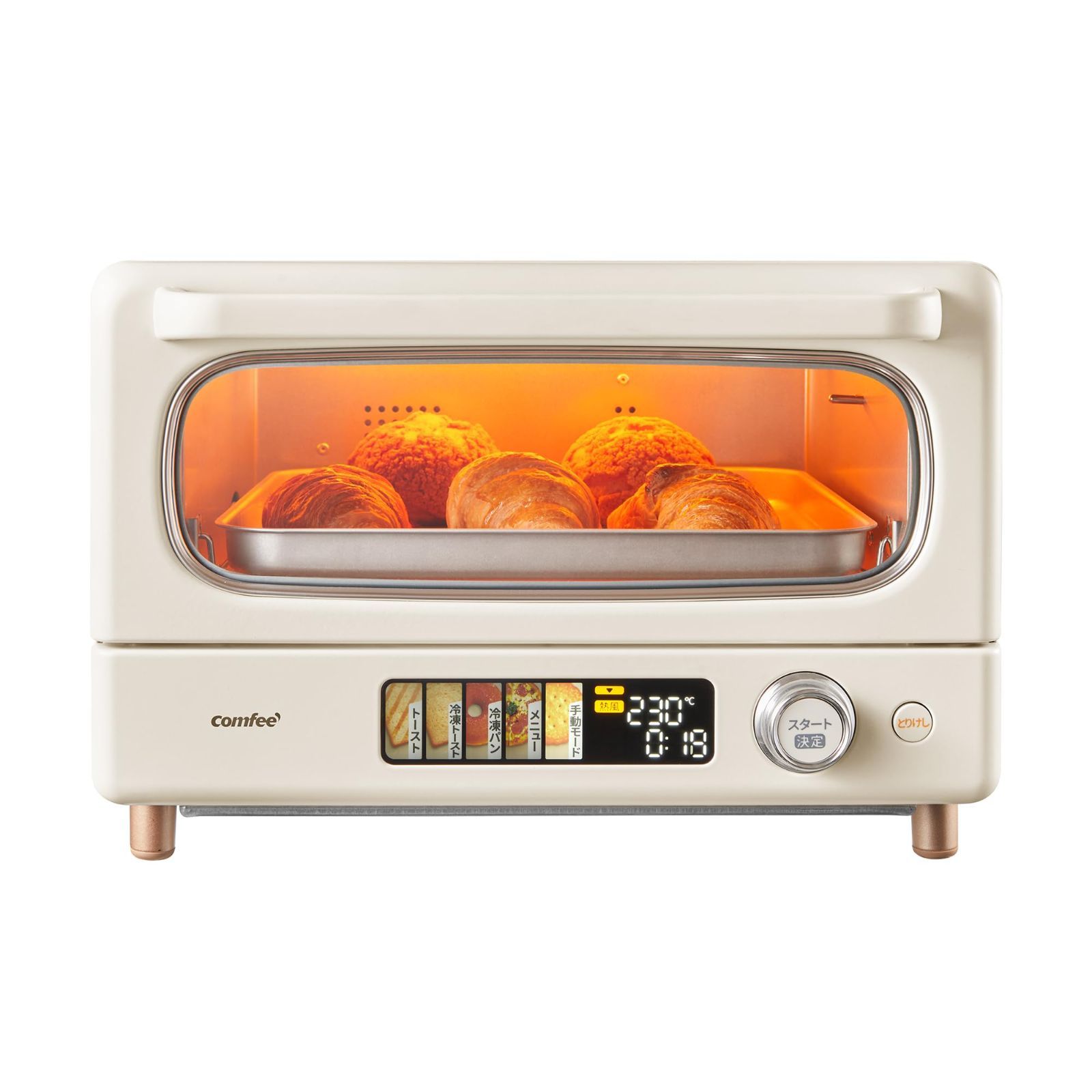 COMFEE トースター オーブントースター 4枚焼き スクリーン付き 熱風 14L 1400W 13種メニュー 30分タイマー マイコン式 コンパクト CF-AC141-AY レトロ アイボリー