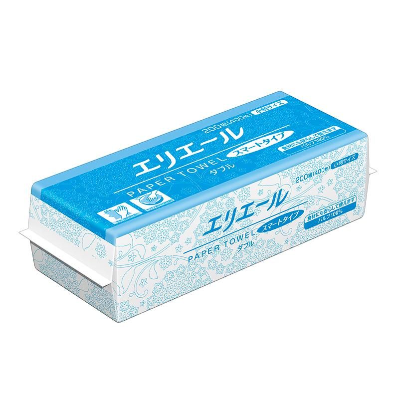 【ケース販売：42個入】 ペーパータオル スマートタイプ ダブル 小判 小さ目サイズ 170×210mm 200組 400枚 フィルム包装 パルプ100％ 大王製紙 エリエール