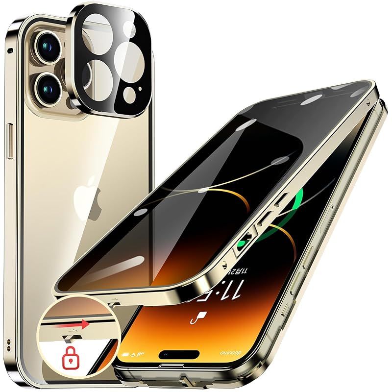 HGUTREY【覗き見防止・自動ポップアップボタン】 iPhone14 Pro Max 用 ケース 【ロック付き】【ストラップホール付き】一体型レンズ保護 両面9H強化ガラス iPhone14プロマックスケース 耐衝撃 アル