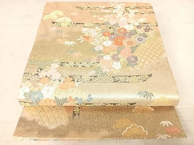 平和屋着物◎六通柄袋帯 唐織 孔雀花文 銀糸 正絹 逸品