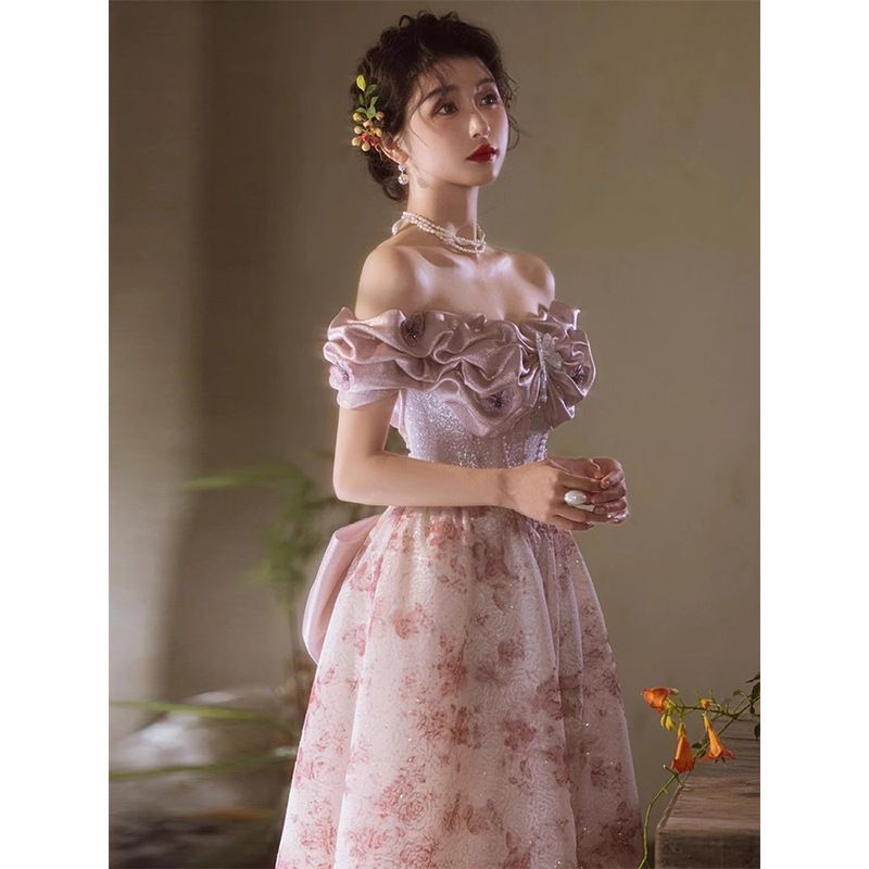 送料無料】フレンチレトロ敬酒ドレス2025新作宴会婚約式高級感ライト