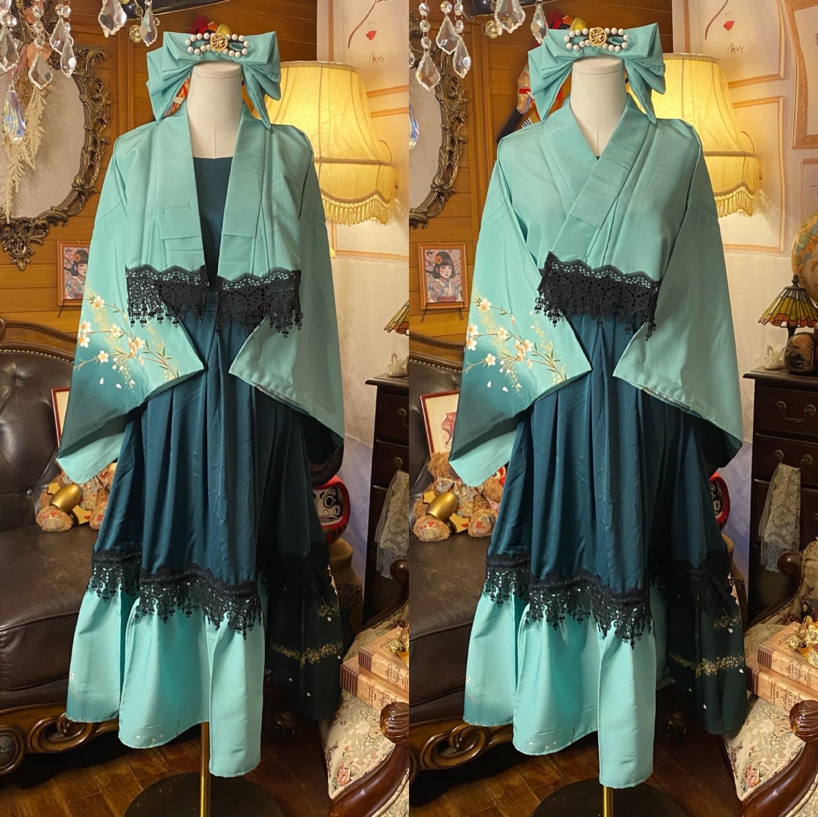 着物 ハンドメイド ワンピース パーティー ドレス 和洋折衷 コラージュ リメイク 切り替え 翡翠の庭に花こぼれ O-68